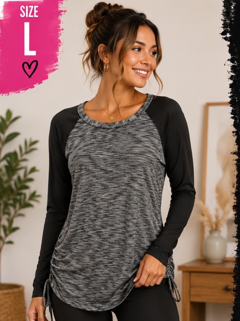TYR Women's Long Sleeve Raglan Top in Black and Heather Gray LARGE